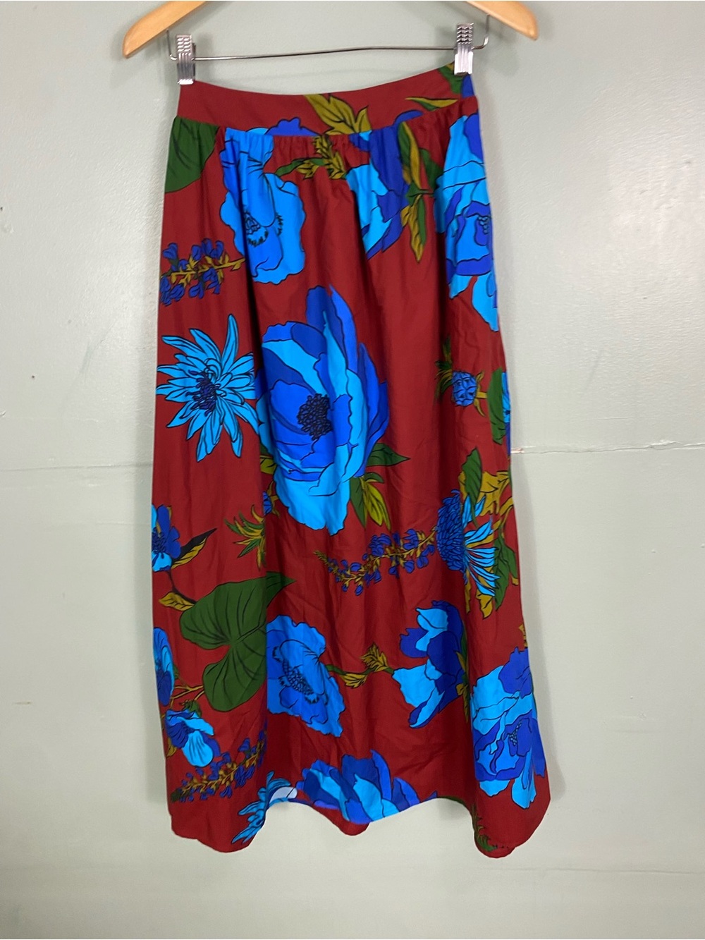 Farm Rio Blue Floral Maxi Skirt Maroon Burgundy Small Pull On Small